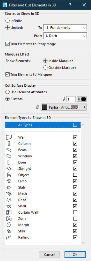 Archicad – Jak korzystać z okna Filtrowanie i Przekroje w 3D? Poradnik, tutorial - 03