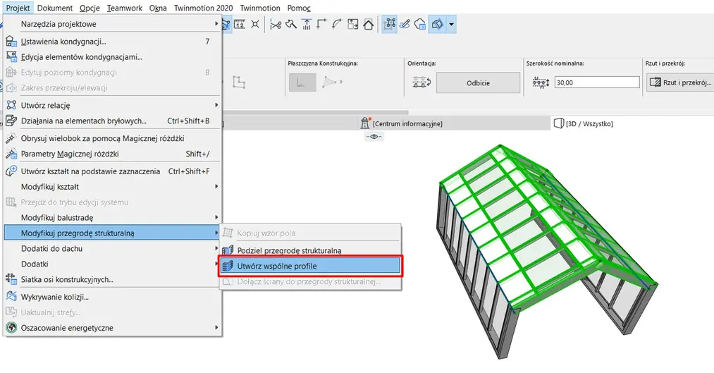 Archicad -Jak połączyć dwie przegrody strukturalne pod różnym kątem jednym profilem? - 02