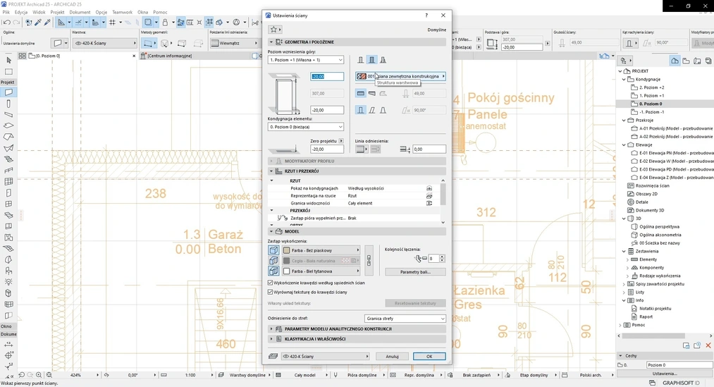 Jak ustawić ścianę w Archicad.
