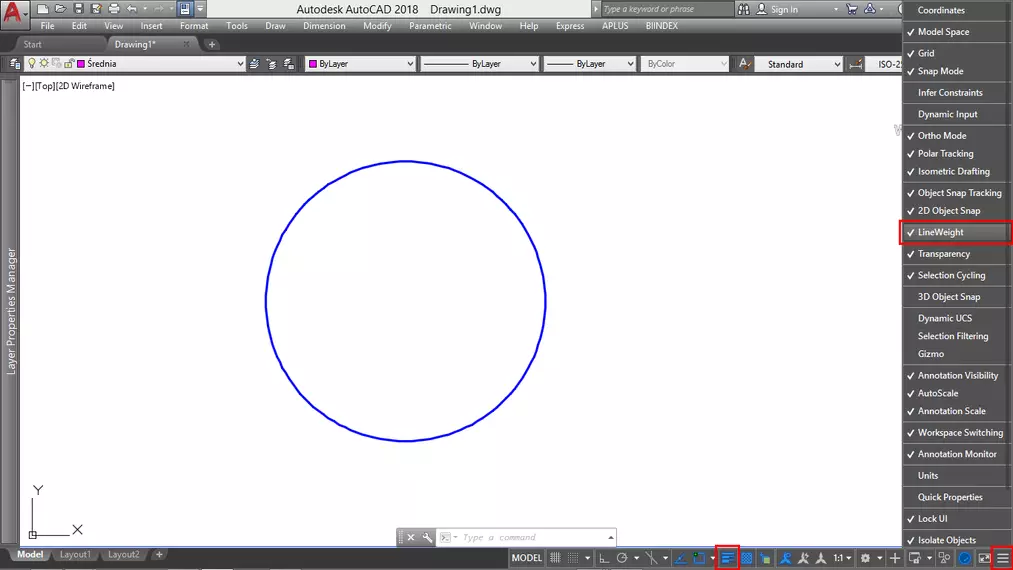 Autocad - Jak zmienić szerokość linii - Tutorial, poradnik - 05