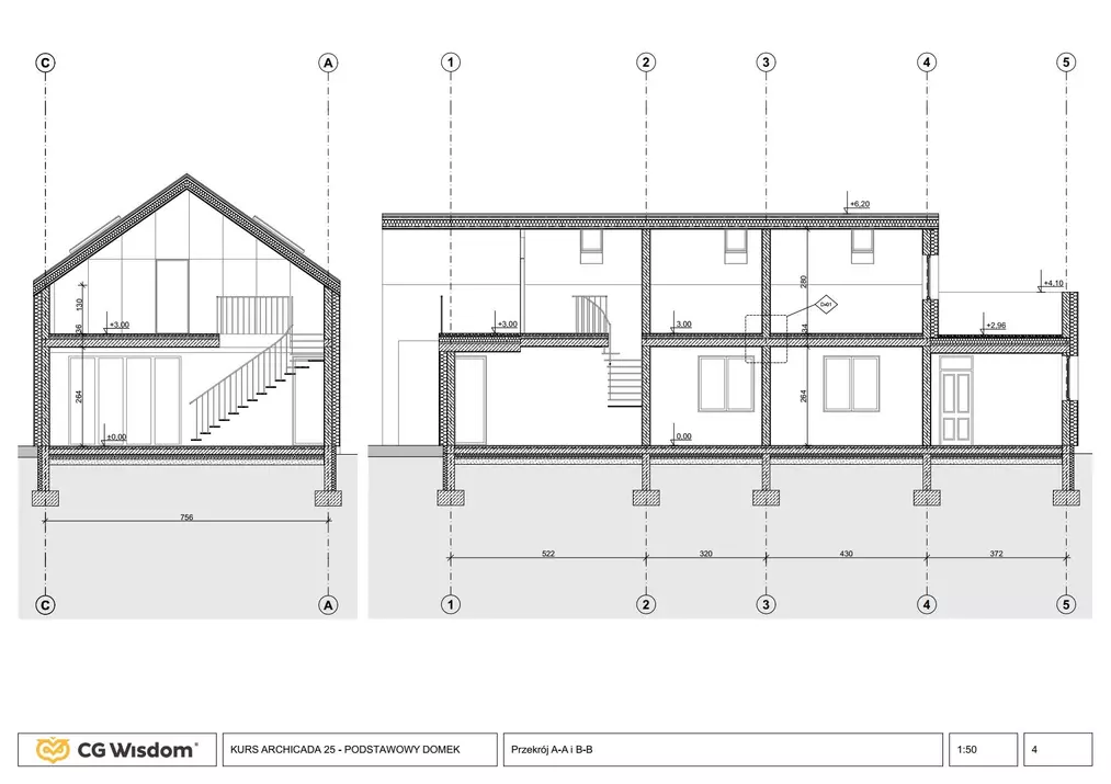 Widok przekroju domu. Przekrój domu w kursie dla architekta.