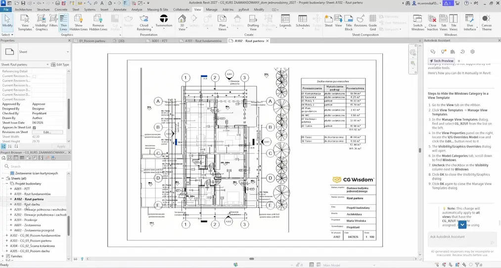 Arkusz dokumentacji projektowej w&nbsp;programie Revit zawierający rzut parteru