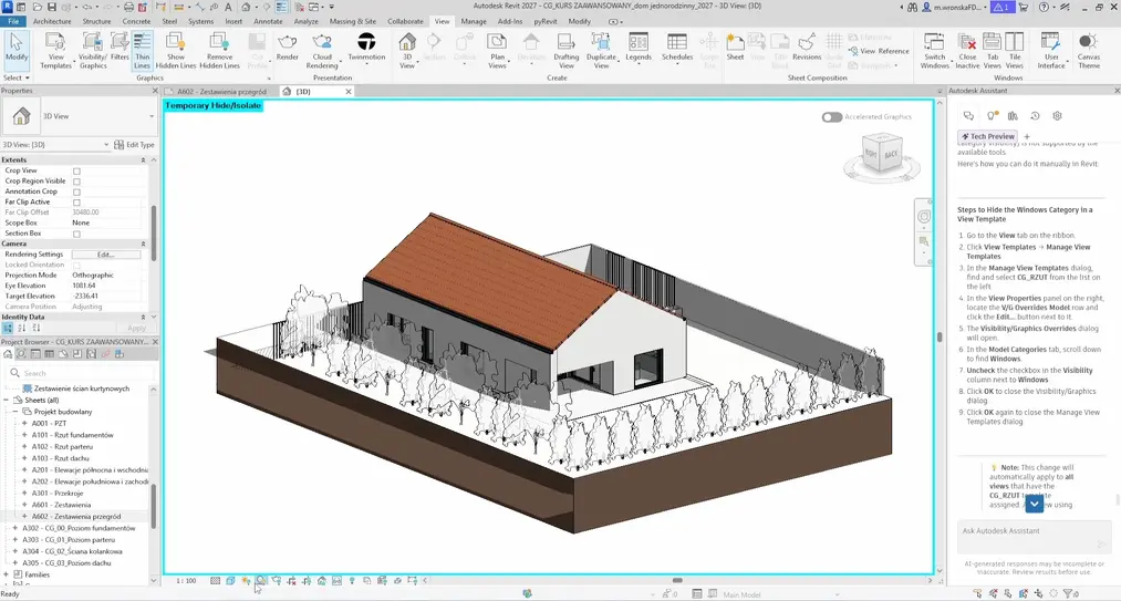 Model 3D domu jednorodzinnego z&nbsp;otoczeniem w&nbsp;interfejsie programu Revit.