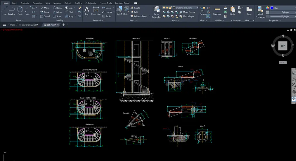 Interfejs programu AutoCAD przedstawiający precyzyjny rysunek techniczny i&nbsp;dokumentację schodów