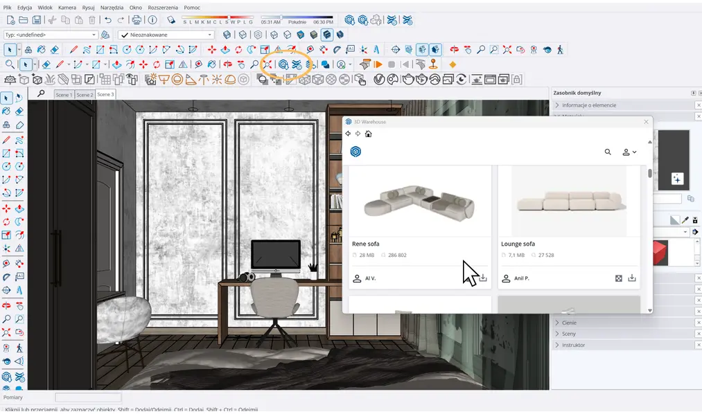 Interfejs programu SketchUp z&nbsp;otwartą biblioteką 3D Warehouse. Pobieranie gotowych modeli mebli do projektu wnętrza