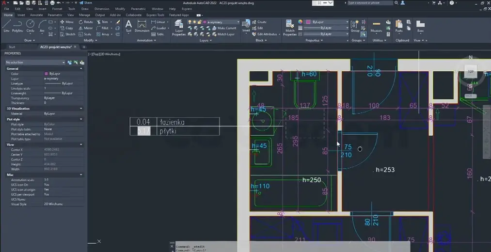 Rzut techniczny projektu w&nbsp;interfejsie programu AutoCAD