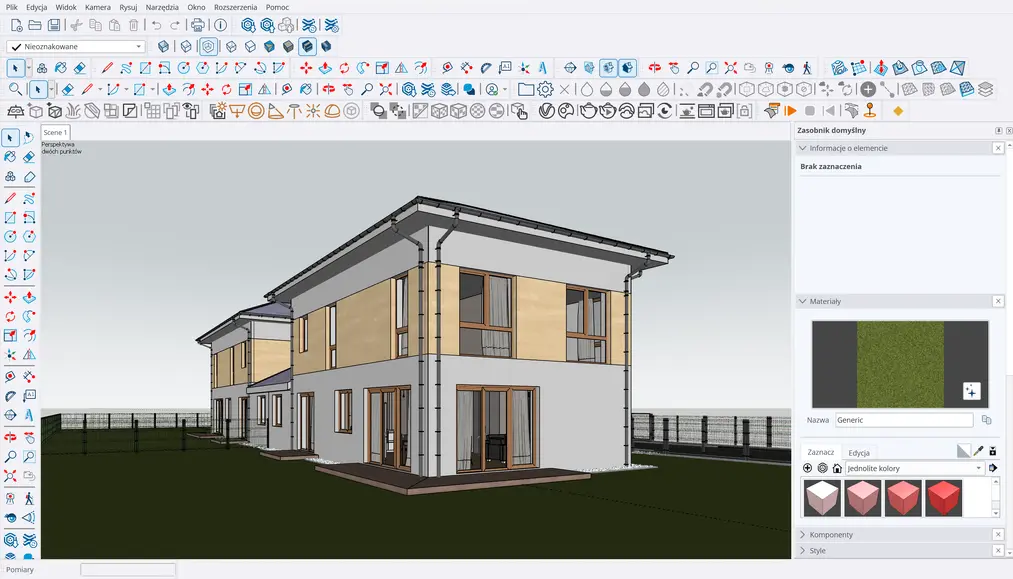 Model 3D domu w&nbsp;interfejsie programu SketchUp z&nbsp;widocznym paskiem funkcji projektowych