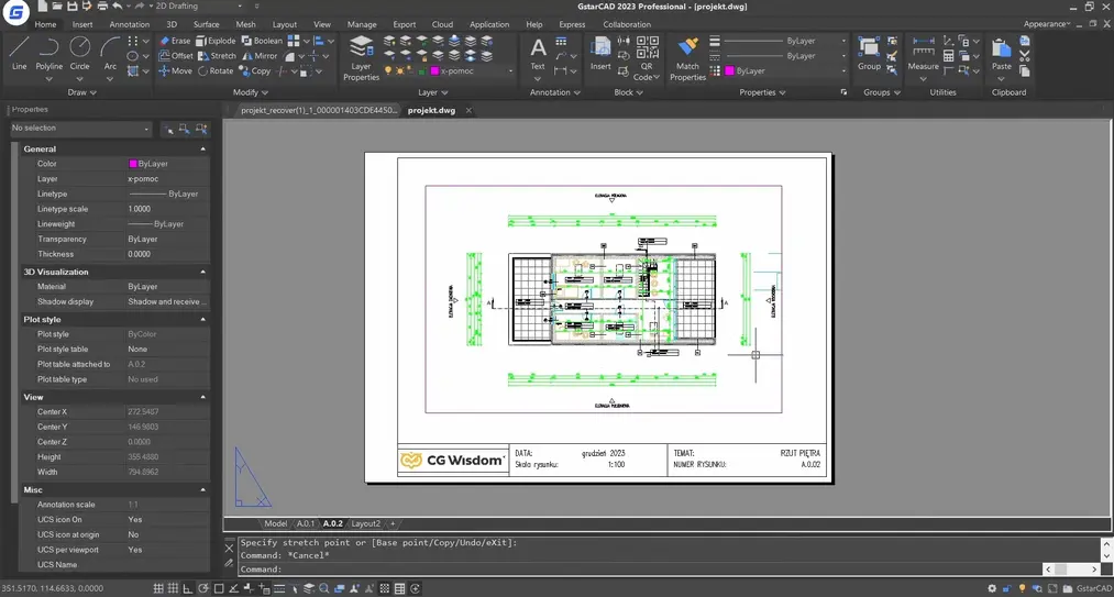 Interfejs GstarCAD z&nbsp;otwartym arkuszem wydruku