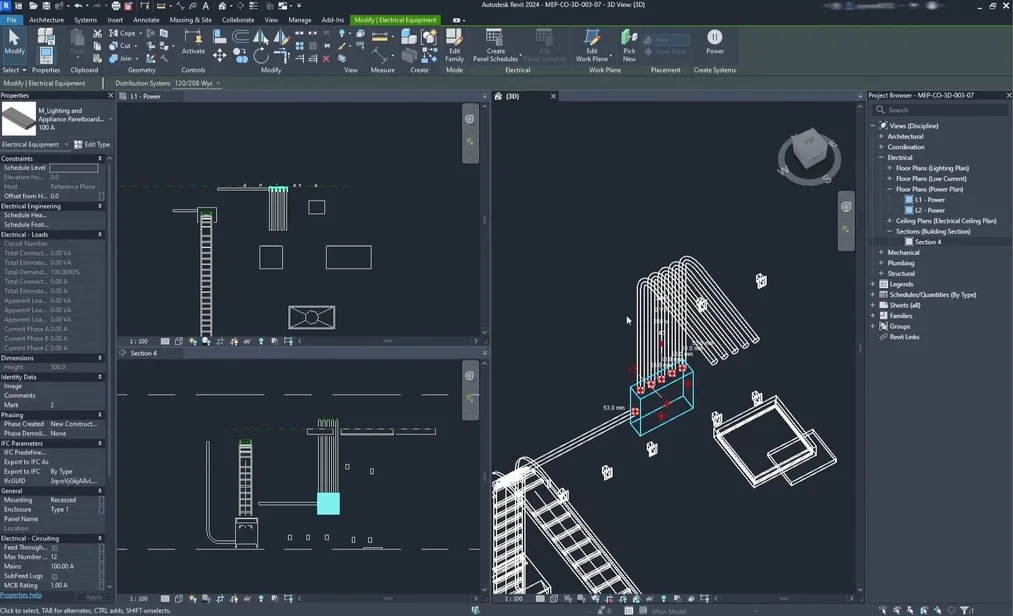 Model 3D sieci kanałów HVAC w Revit MEP