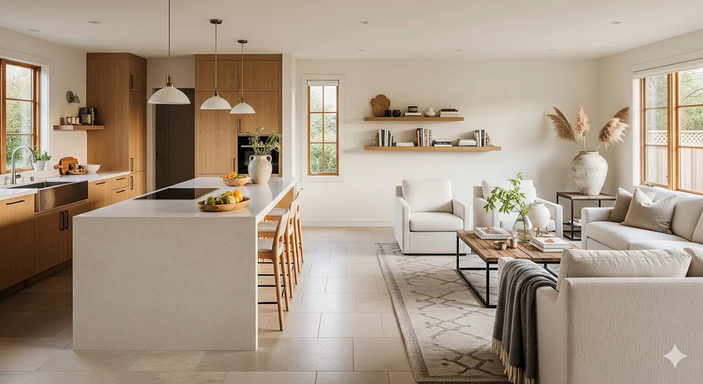 Przestrzeń z naturalnymi materiałami łącząca estetykę i praktyczność