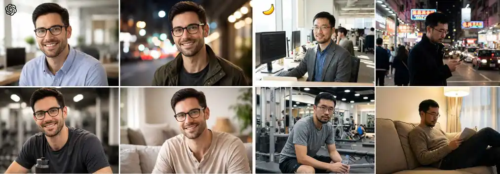 Test 6: spójność postaci w&nbsp;różnych sceneriach – porównanie GPT Image 1.5 i&nbsp;Nano Banana Pro