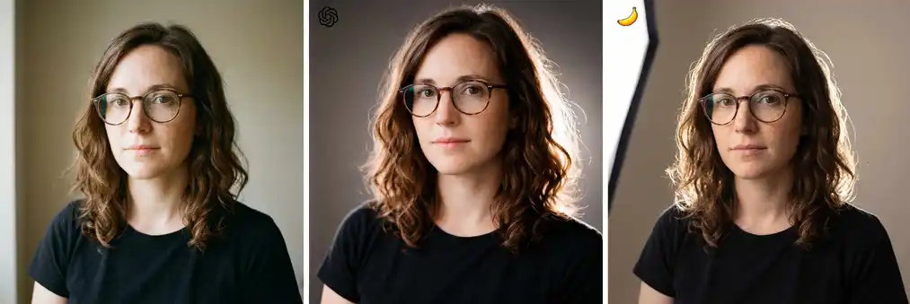 Test 10: zmiana oświetlenia portretu kobiety – porównanie GPT Image 1.5 i&nbsp;Nano Banana Pro