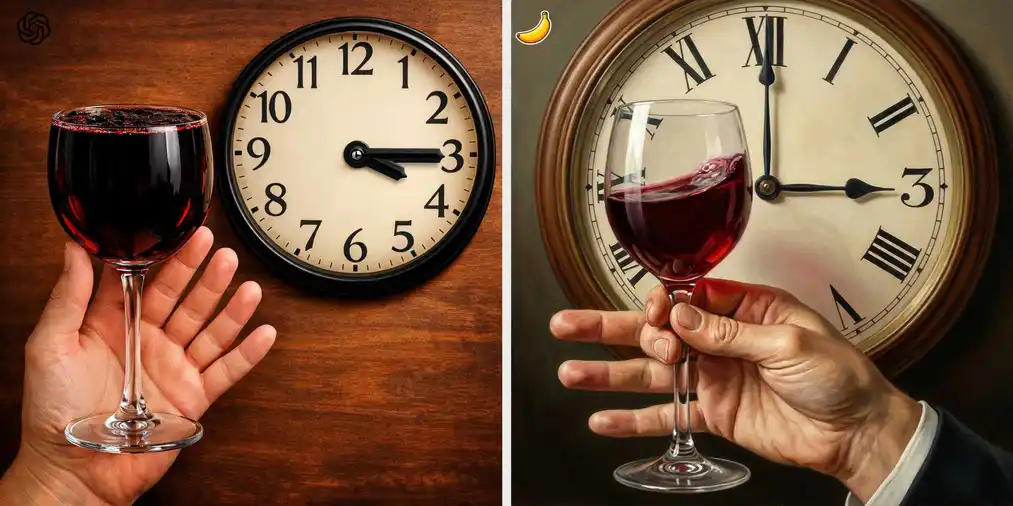 Test 5: dłoń z&nbsp;sześcioma palcami, kieliszek wina i&nbsp;zegar – porównanie GPT Image 1.5 i&nbsp;Nano Banana Pro