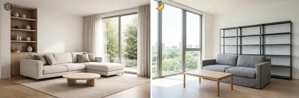 Test 12: fotorealistyczne wnętrze salonu bez zabronionych obiektów – porównanie GPT Image 1.5 i&nbsp;Nano Banana Pro