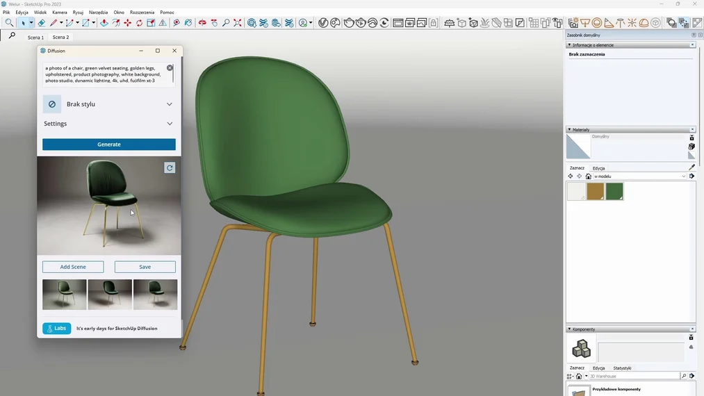 Przykład skutecznego prompta w SketchUp Diffusion ilustrujący kolejność słów kluczowych