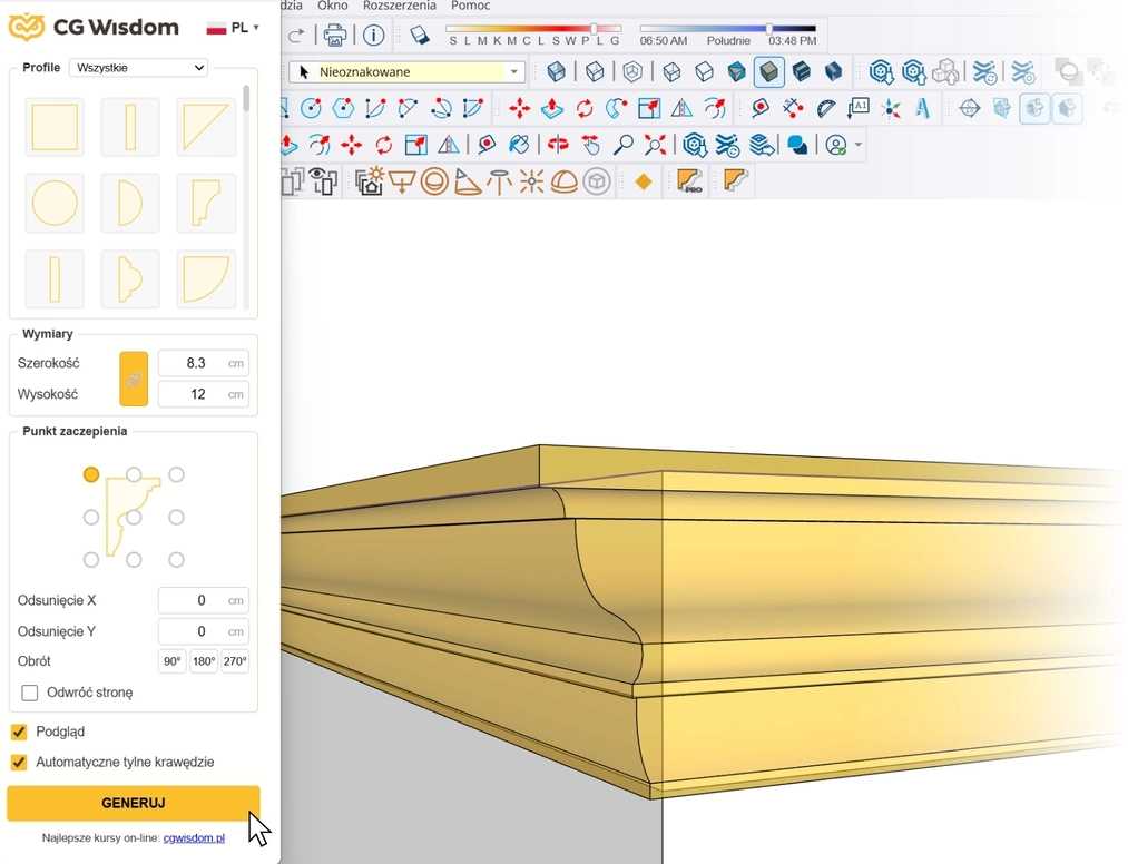 nterfejs wtyczki Magic Molding w&nbsp;SketchUpie do automatycznego generowania sztukaterii i&nbsp;gzymsów sufitowych.