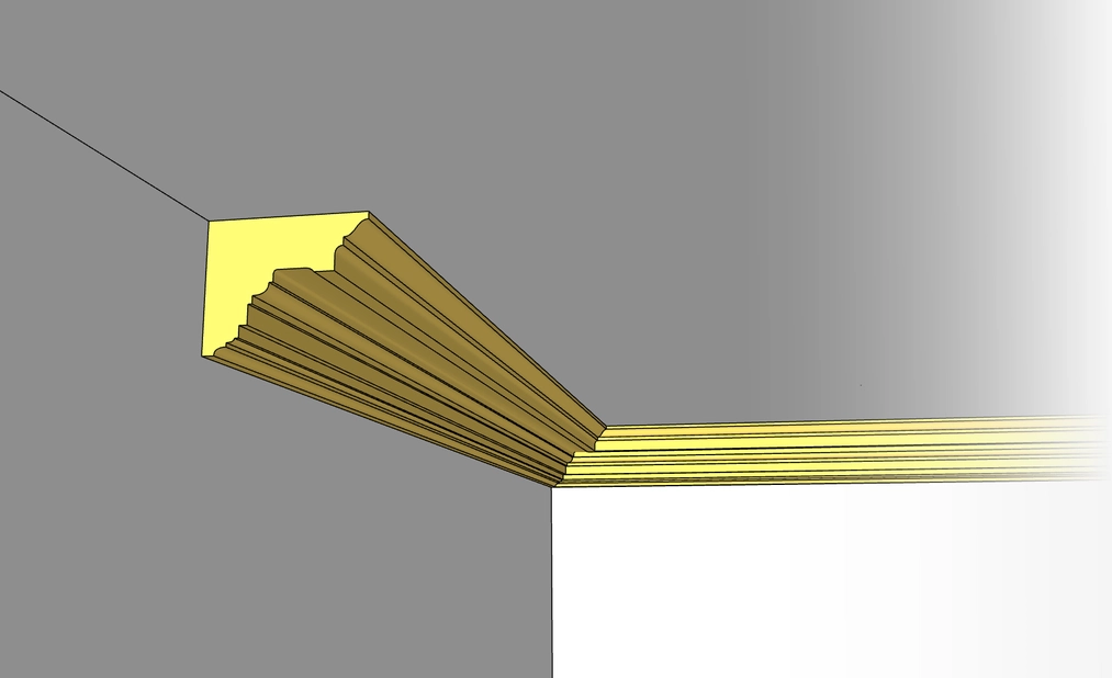 Profil gzymsu sufitowego oparty o&nbsp;ścianę i&nbsp;sufit w&nbsp;modelu 3D w&nbsp;SketchUpie.
