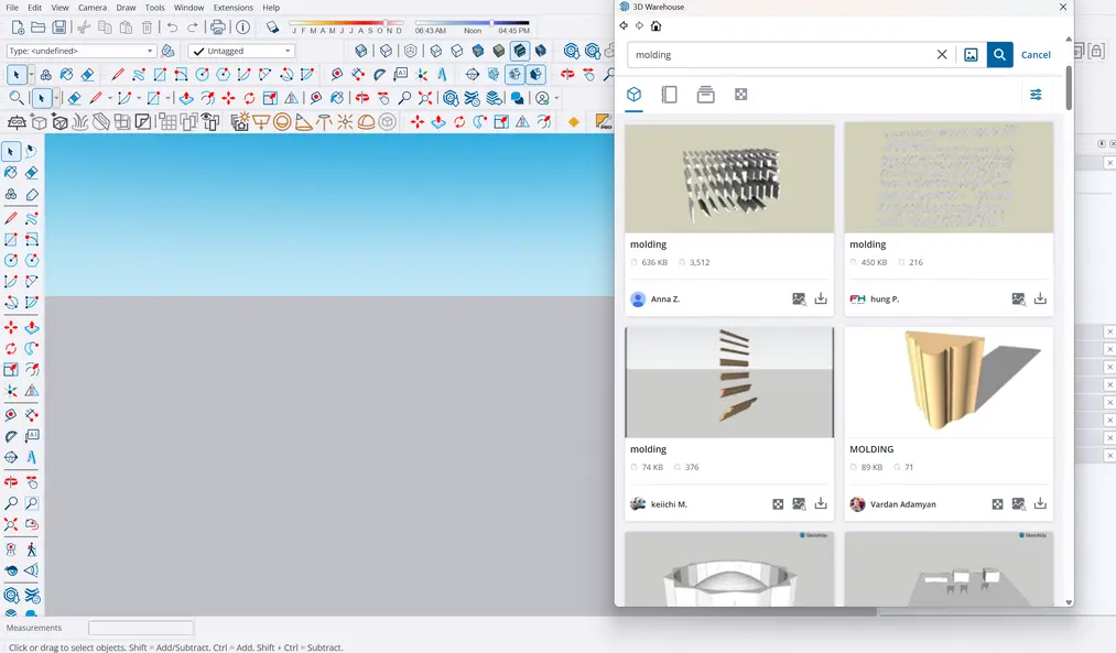 Okno 3D Warehouse w&nbsp;programie SketchUp z&nbsp;wynikami wyszukiwania modeli gzymsów.