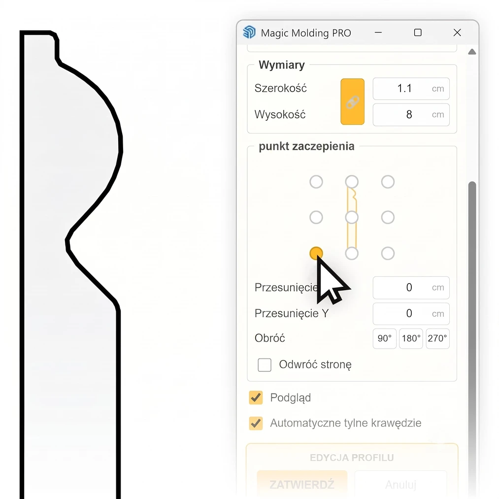 Wybór punktu zakotwiczenia profilu sztukaterii w&nbsp;panelu wtyczki Magic Molding 