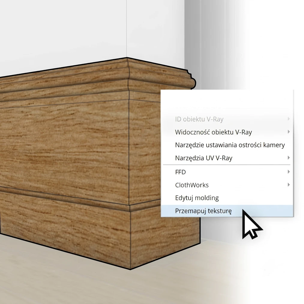 Model 3D drewnianej listwy w&nbsp;SketchUp - automatyczne mapowanie tekstur za pomocą funkcji Przemapuj teksturę
