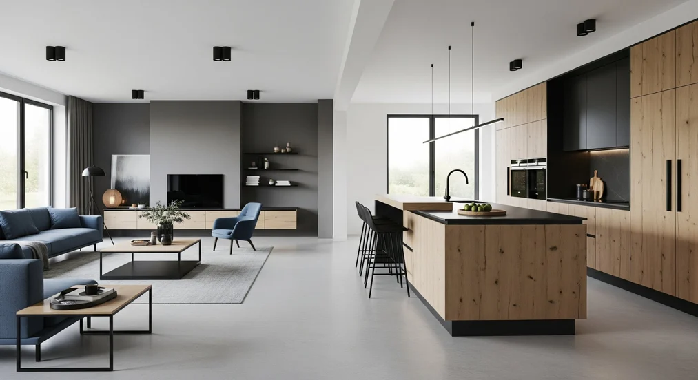 Projekt stref funkcjonalnych w salonie z aneksem kuchennym