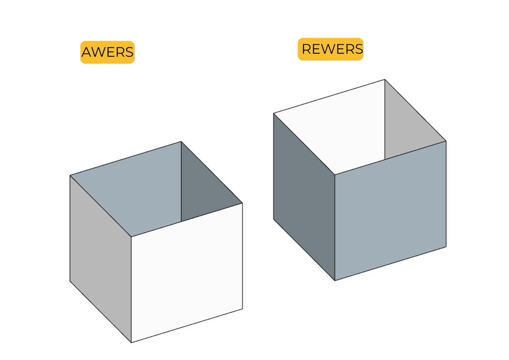 Porównanie białego awersu i&nbsp;szarego rewersu płaszczyzny w&nbsp;programie SketchUp na przykładzie modeli pudełek.
