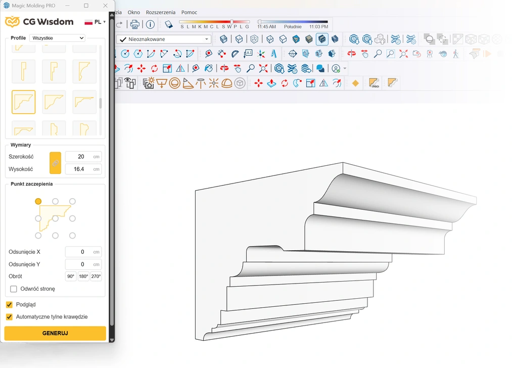 Generowanie gzymsu z&nbsp;poprawną orientacją płaszczyzn za pomocą wtyczki Magic Molding w&nbsp;programie SketchUp.