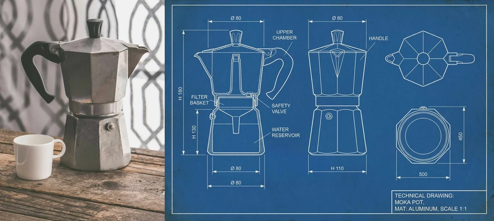 Techniczny rysunek kawiarki moka express wygenerowany przez Nano Banana Pro