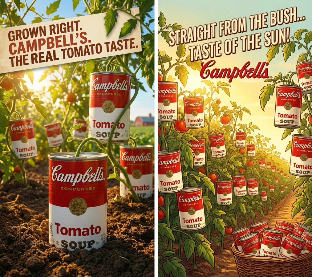 Profesjonalna grafika reklamowa surrealistyczna reklama Campbell's Soup wygenerowana przez Nano Banana Pro