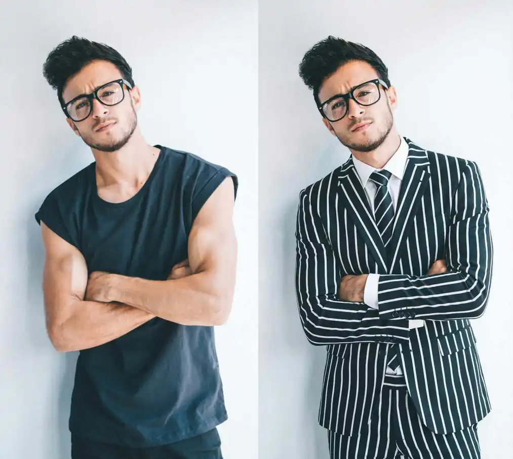 Zmiana ubioru mężczyzny na elegancki czarny garnitur w&nbsp;białe paski za pomocą Nano Banana Pro