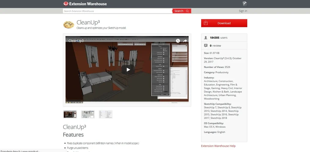 Instalacja pluginu CleanUp w SketchUp z Extension Warehouse