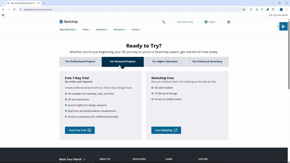 Wybór wersji SketchUp Pro lub SketchUp Free podczas pobierania