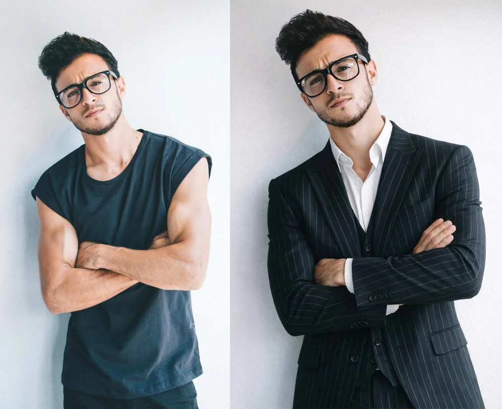 Test 2 GPT Image 1.5 zmiana ubioru – przebieranie osoby w&nbsp;garnitur