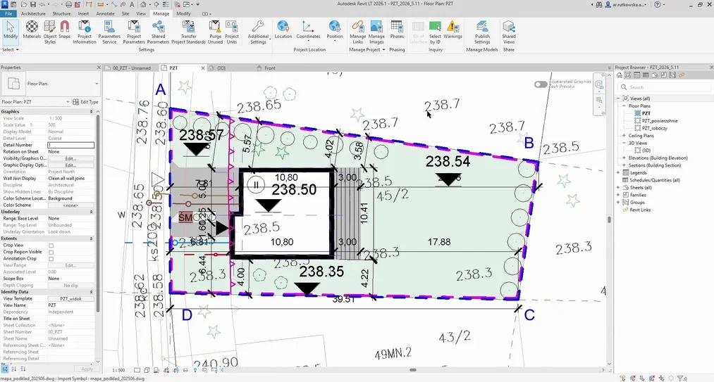 Przykładowa dokumentacja zagospodarowania terenu w Revit – kurs projekt domu jednorodzinnego