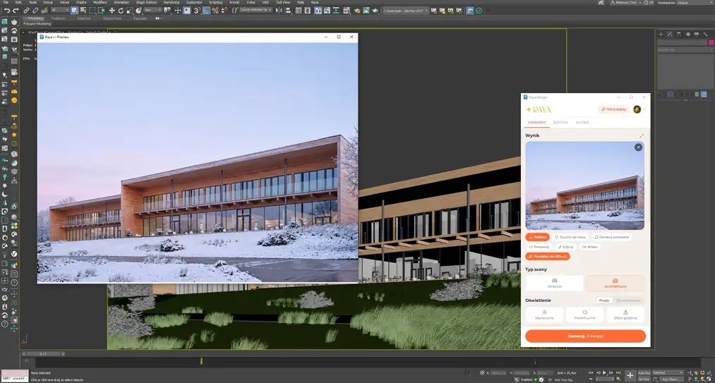 Wizualizacja architektoniczna ai budynku w&nbsp;zimowej scenerii wygenerowana z&nbsp;rzutni 3ds Maxa