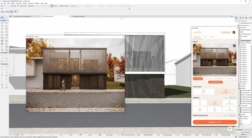 Wtyczka Raya w&nbsp;ArchiCAD-zie: model domu w&nbsp;oknie 3D i&nbsp;jesienna wizualizacja AI w&nbsp;panelu