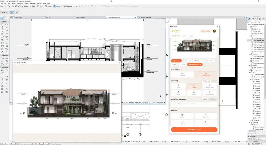 Przekrój budynku w&nbsp;ArchiCAD-zie i&nbsp;jego wizualizacja AI z&nbsp;materiałami, wnętrzami i&nbsp;zielenią