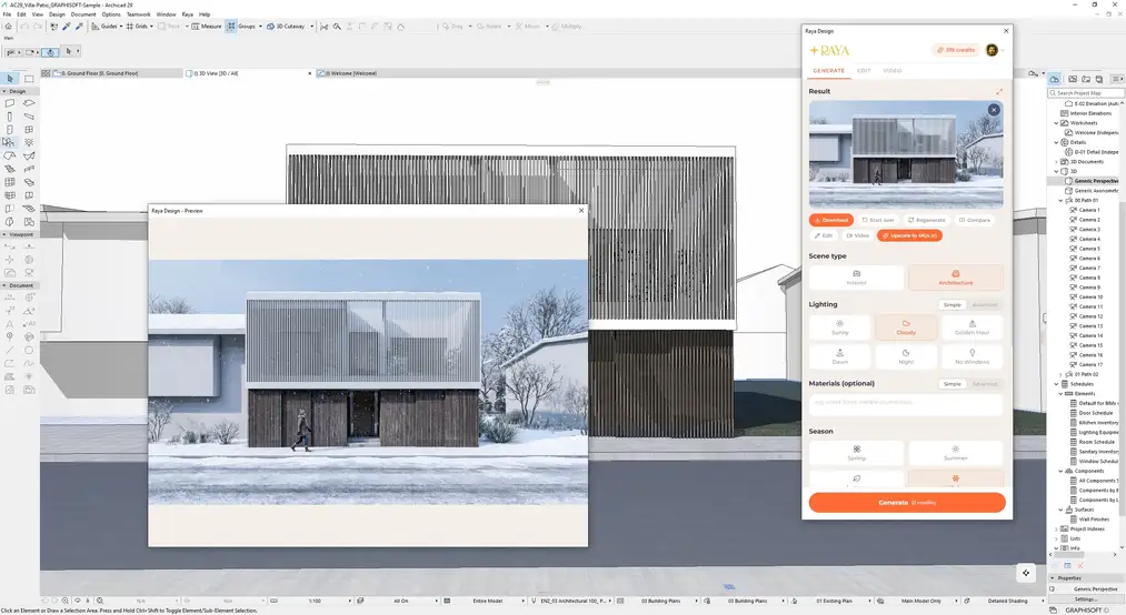 Ten sam dom z&nbsp;ArchiCAD-a w&nbsp;zimowej wizualizacji AI z&nbsp;porą roku ustawioną w&nbsp;panelu Raya