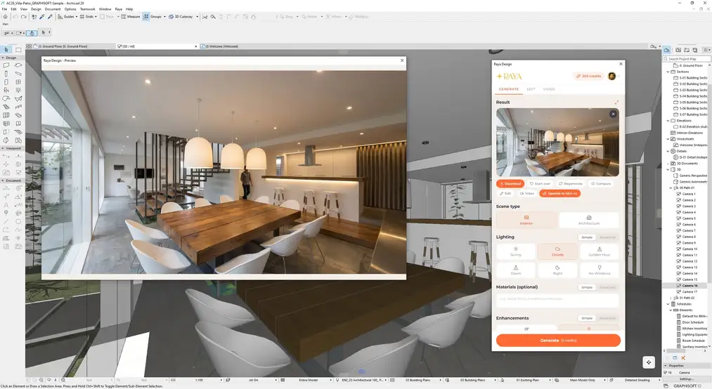 izualizacja AI jadalni z&nbsp;drewnianym stołem wygenerowana z&nbsp;widoku 3D w&nbsp;ArchiCAD-zie