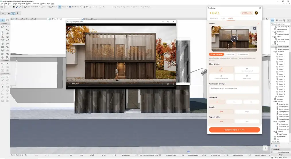 Zakładka Wideo w&nbsp;panelu Raya w&nbsp;ArchiCAD-zie z&nbsp;animacją jesiennej wizualizacji domu