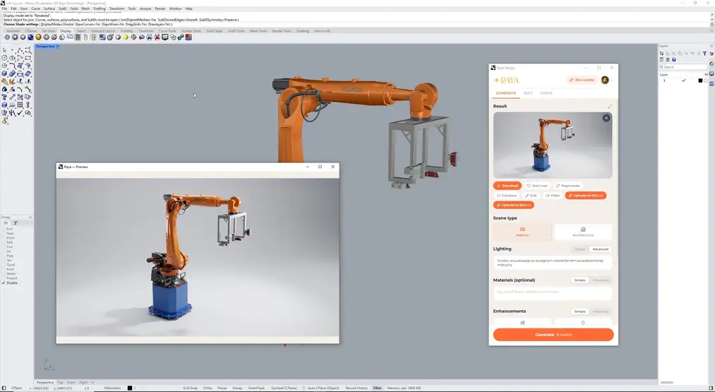 Ramię robota przemysłowego z&nbsp;modelu Rhino w&nbsp;studyjnej wizualizacji AI