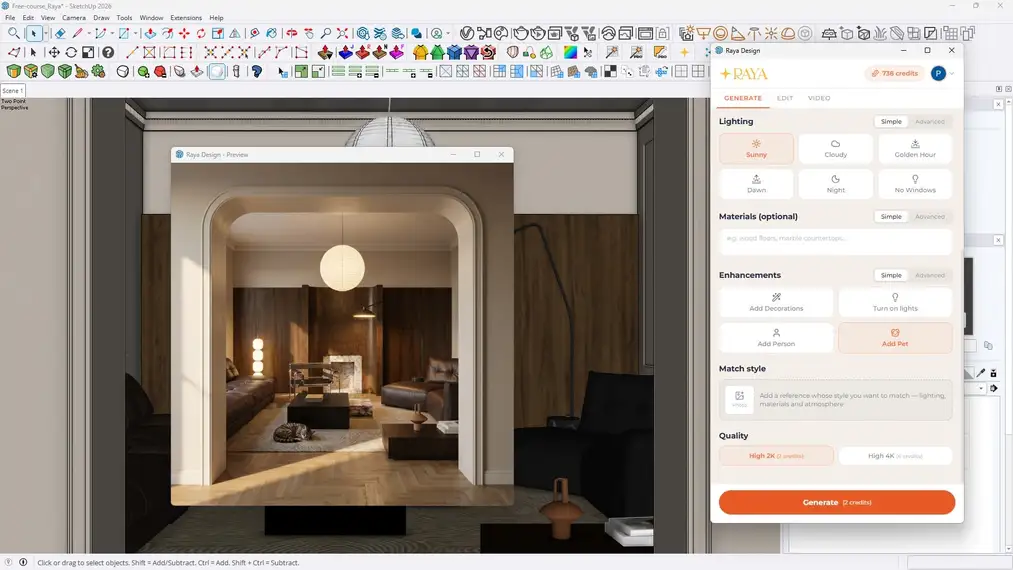 Wnętrze z&nbsp;modelu SketchUp i&nbsp;jego wizualizacja AI obok panelu Raya z&nbsp;opcjami ulepszeń i&nbsp;dopasowania stylu