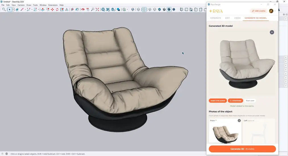 Model 3D fotela wygenerowany ze zdjęcia i&nbsp;wstawiony do sceny w&nbsp;SketchUpie przyciskiem z&nbsp;panelu Raya