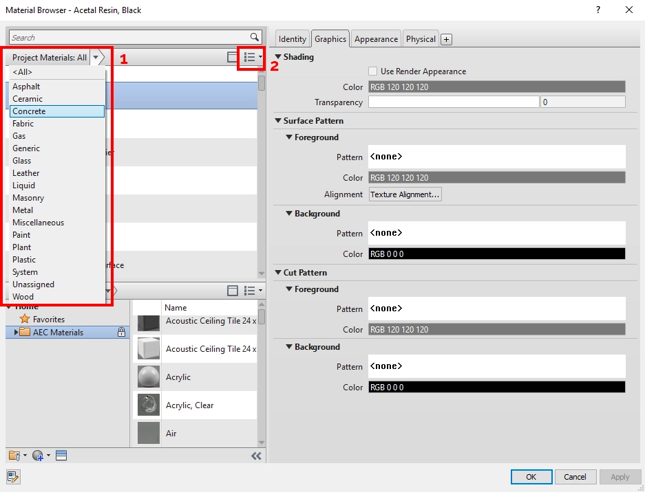Revit - Materiały - Omówienie podstawowych opcji - Poradnik, tutorial 04
