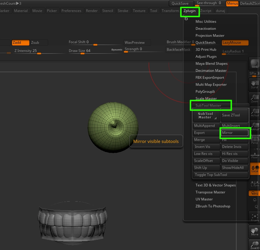 Zbrush - Jak wykonać symetryczne odbicie subtoola? Poradnik, tutorial - 01