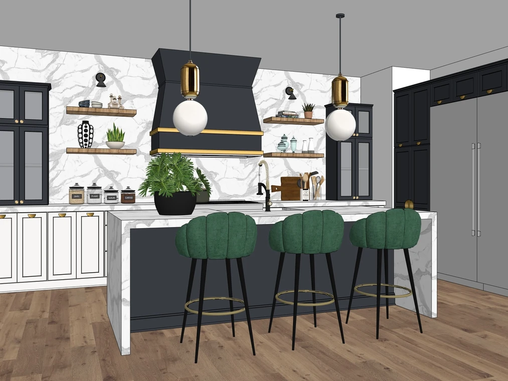 Model 3D ze SketchUpa nowoczesnej kuchni i&nbsp;fotorealistyczna wizualizacja AI wykonana w&nbsp;Raya.design