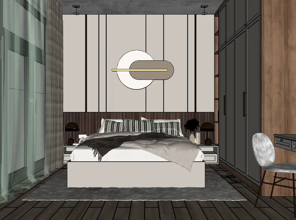Interfejs programu SketchUp z otwartym modelem 3D sypialni. Wizualizacja koncepcji w projektowaniu wnętrz.