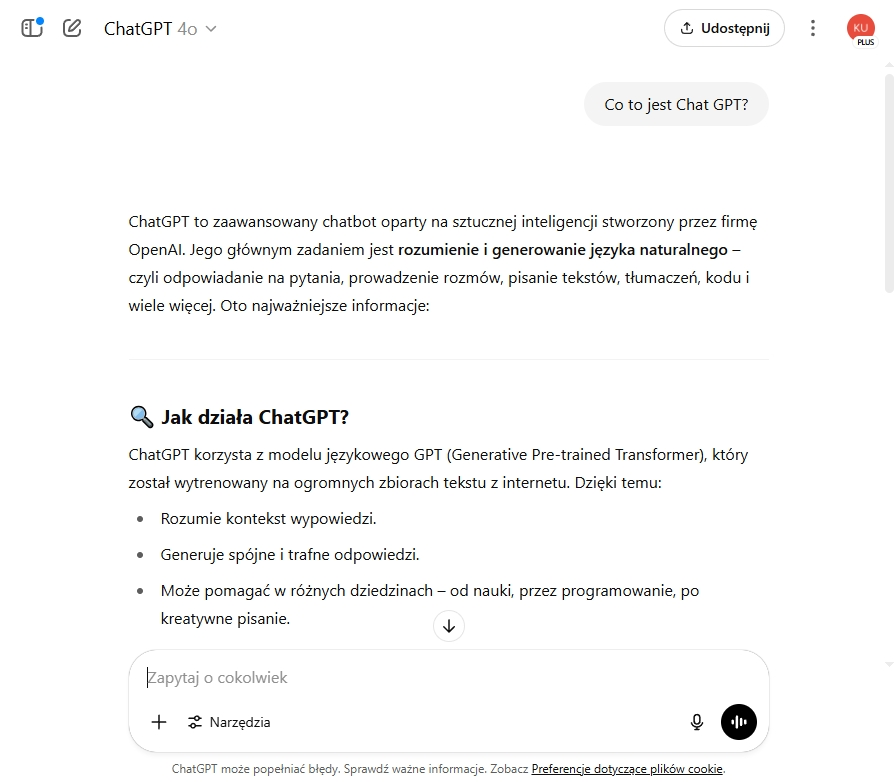 Interfejst chat GPT - Przykład konwersacji