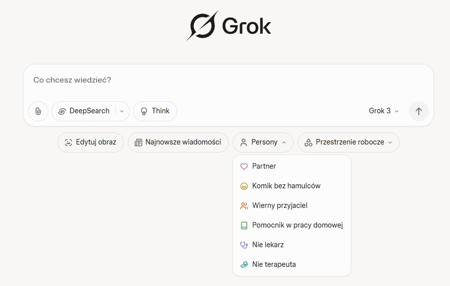 Interfejs użytkownika Grok AI na platformie X (dawniej Twitter), prezentujący okno czatu