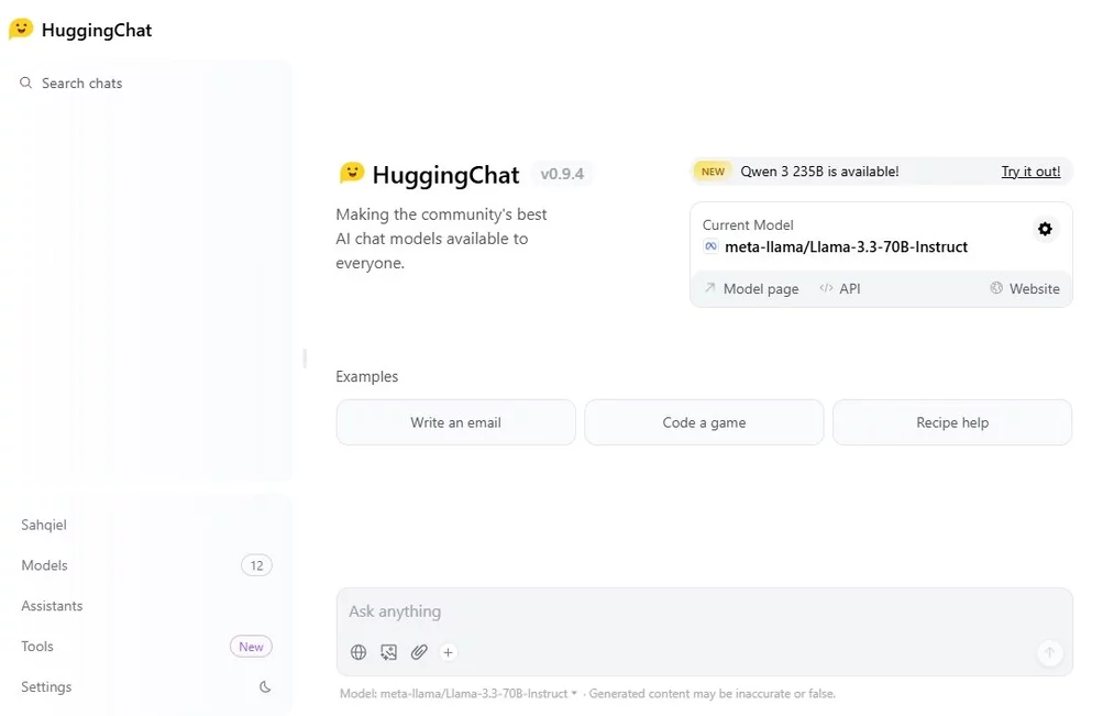 Interfejs HuggingChat z możliwością wyboru różnych modeli AI